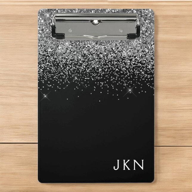 Mini Porte-bloc Paillettes Argent Noir Nom Monogramme Féminin (Créateur téléchargé)