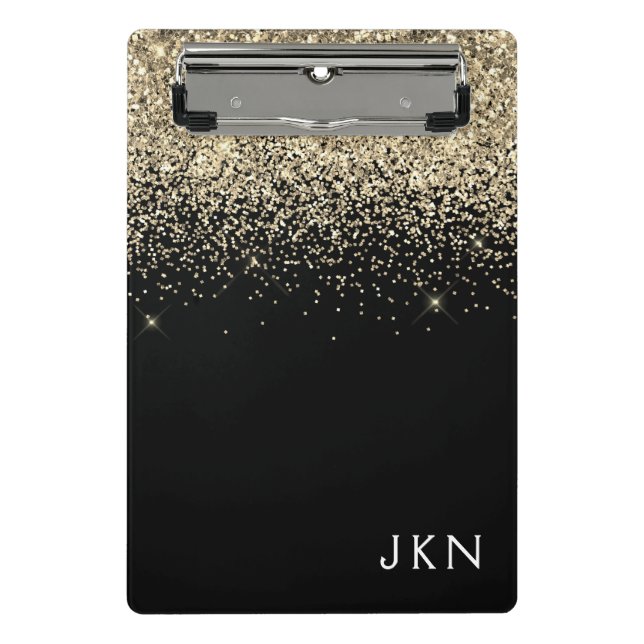 Mini Porte-bloc Paillettes Noir Or Initiales Girly Monogramme (Devant)
