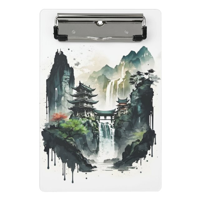 Mini Porte-bloc Paysage antique de l'encre chinoise avec cascade (Devant)