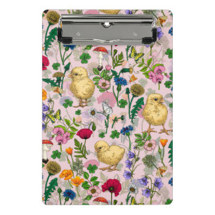 Mini Porte-bloc Poulets et fleurs sauvages sur coton bonbon rose