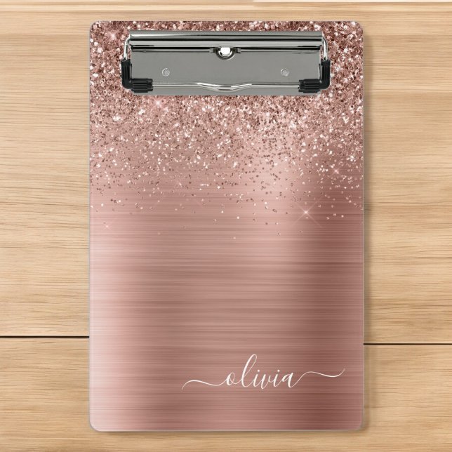 Mini Porte-bloc Rose Gold Métal Brossé Paillettes Rose Monogramme (Créateur téléchargé)