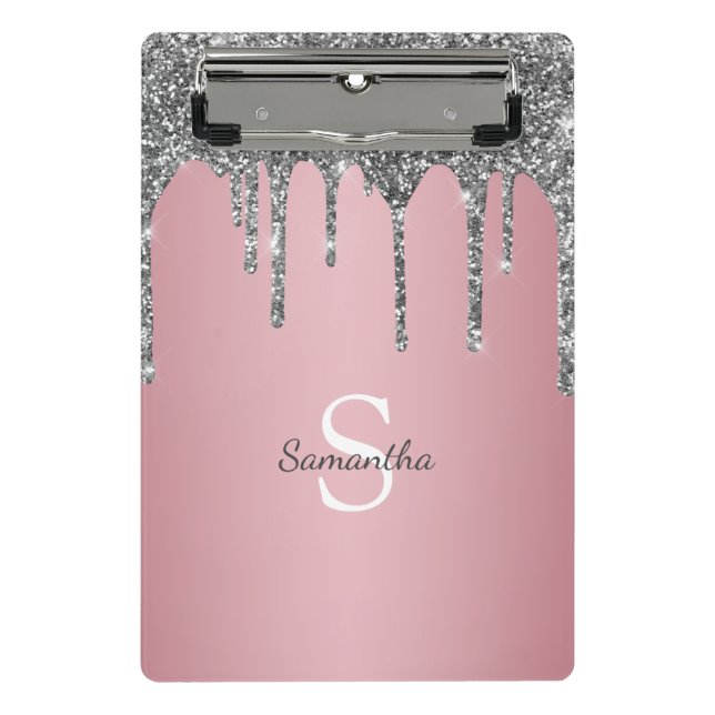 Mini Porte-bloc Rose Gold Rose Monogramme Nom Paillettes Argentées (Devant)