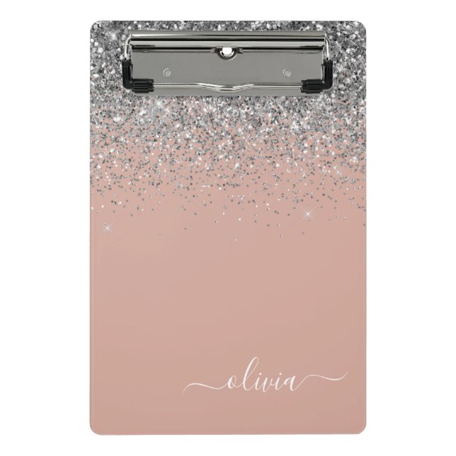 Mini Porte-bloc Rose Gold Rose Pâle Argent Paillettes Monogramme F (Devant)