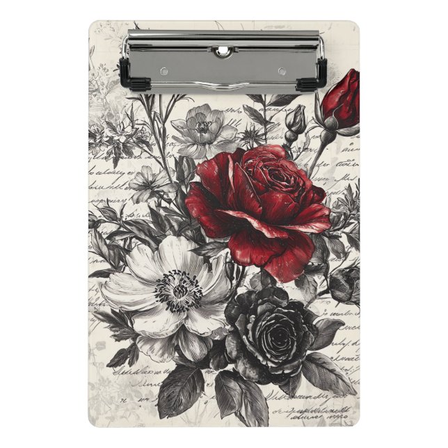 Mini Porte-bloc Rose Rouge Noire Fleurs de Manuscrit Antique (Devant)