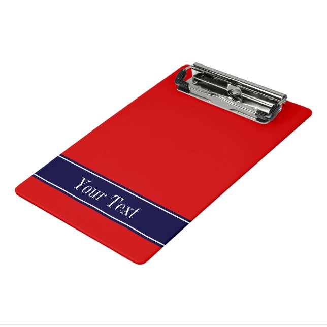 Mini Porte-bloc Rouge uni, ruban bleu marine Nom Monogramme (Angle3)