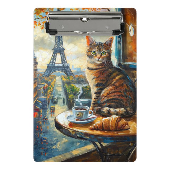 Mini Porte-bloc Un matin à Paris | Chat tigré dans un café (Devant)