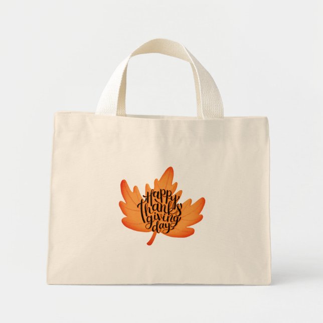 Mini Tote Bag Belle typographie de Bon thanksgiving sur Leaf Fal (Devant)