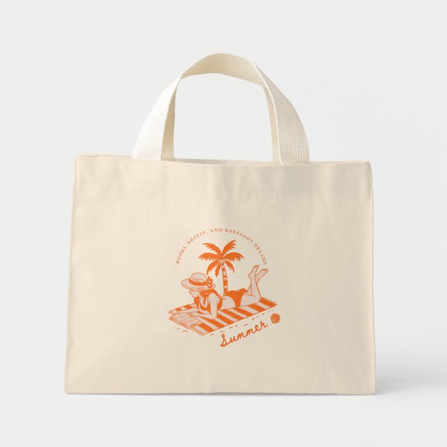 Mini Tote Bag Bleu Rouge Illustré Plage Lecture Été (Devant)