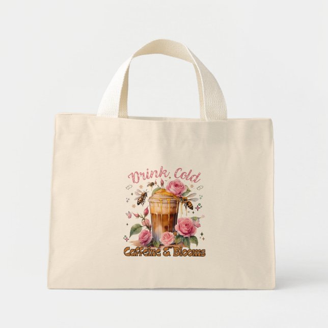 Mini Tote Bag Caféine et fleurs : Café glacé délicieux (Devant)