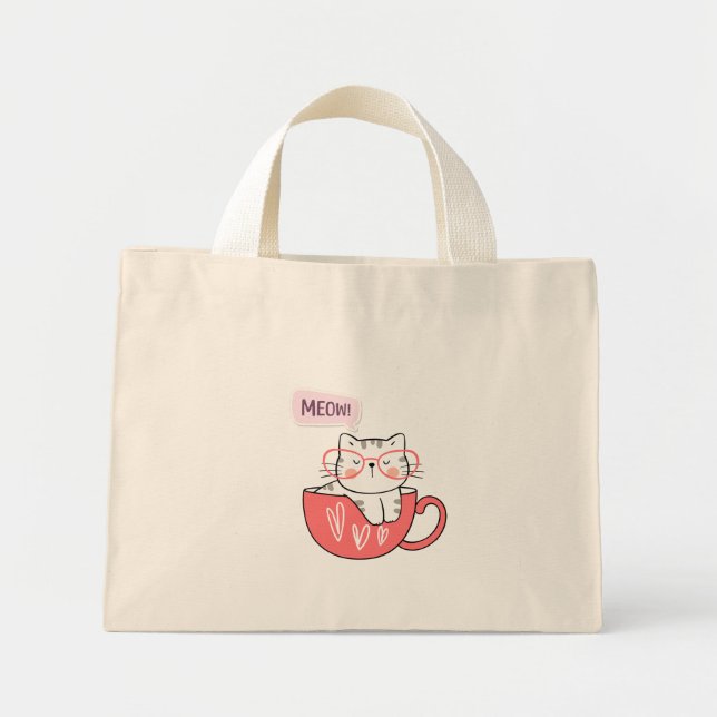 Mini Tote Bag chat miow dans une tasse (Devant)