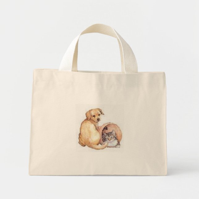 Mini Tote Bag chien et chat dans un panier (Devant)
