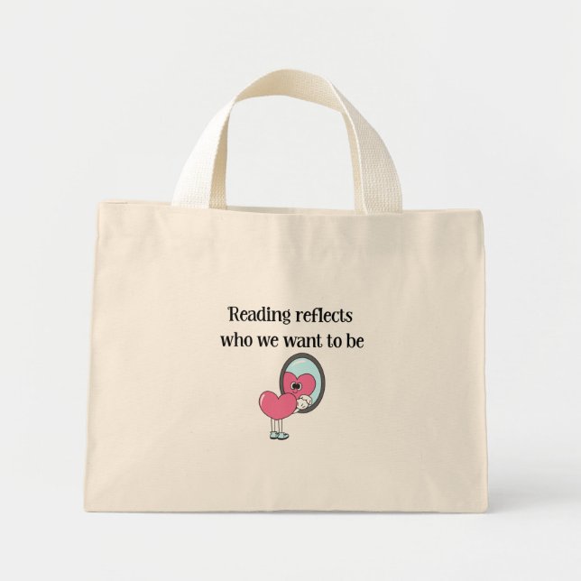 Mini Tote Bag Citation de miroir à cœur rose de lecture (Devant)