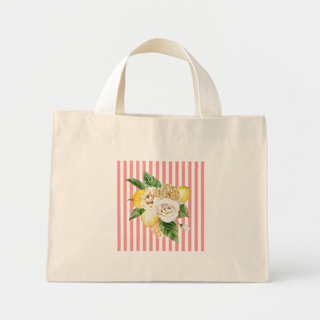 Mini Tote Bag Citron et rose sur bandes coralliennes (Devant)