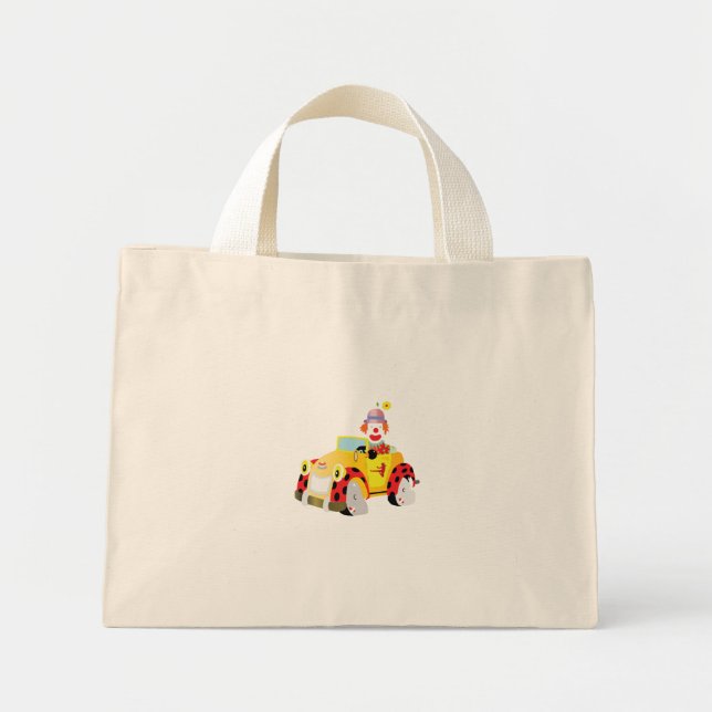 Mini Tote Bag clown joyeux conduit une voiture jaune lunatique (Devant)