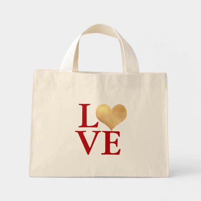 Mini Tote Bag Cœur Doré Faux Feuille, Amour (Devant)