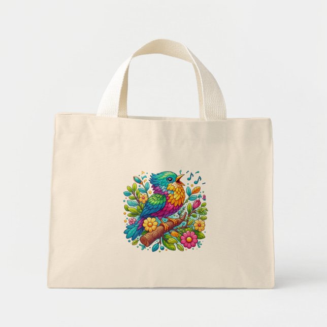 Mini Tote Bag Conception colorée d'oiseaux (Devant)