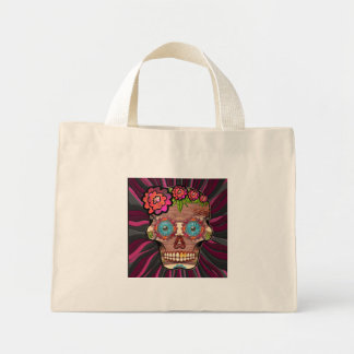 Mini Tote Bag Crâne de sucre en bois sculpté avec couronne fleur
