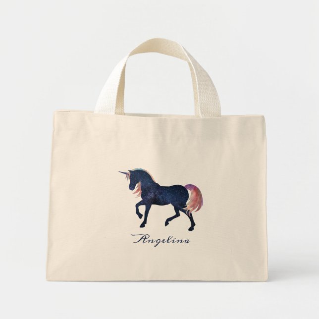 Mini Tote Bag Cute Girly Customisé Céleste Marine bleu Unicorne (Devant)