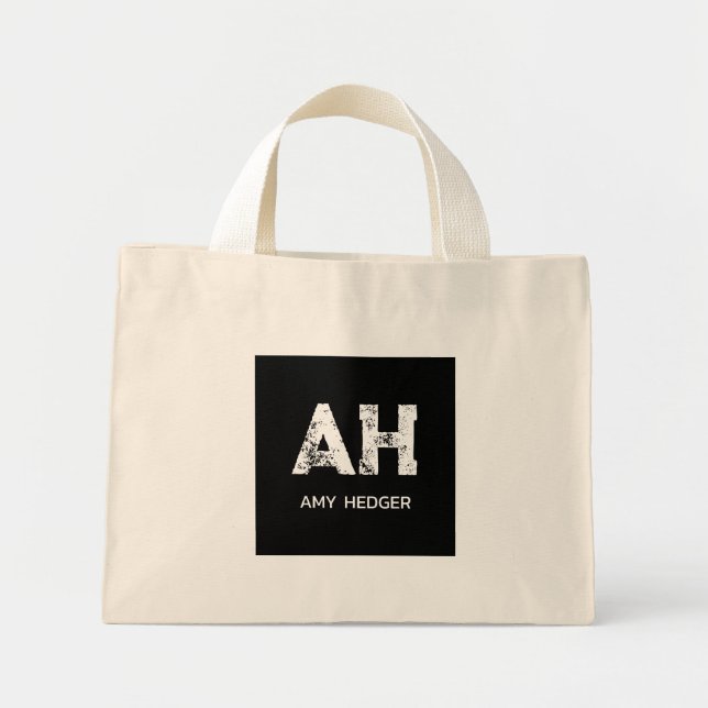 MINI TOTE BAG CUTE WHITE TWO LETTER MONOGRAM NAME NATURAL BLACK (Devant)