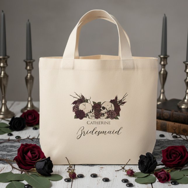 Mini Tote Bag Demoiselle d'honneur crâne gothique et rose (Elegant Gothic Wedding Tote Bags. Dark Floral Skulls with Burgundy and Mauve Roses for Bridesmaid)