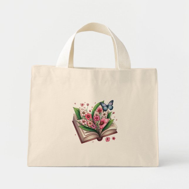Mini Tote Bag Dessin Open Book et Blossom avec papillon (Devant)