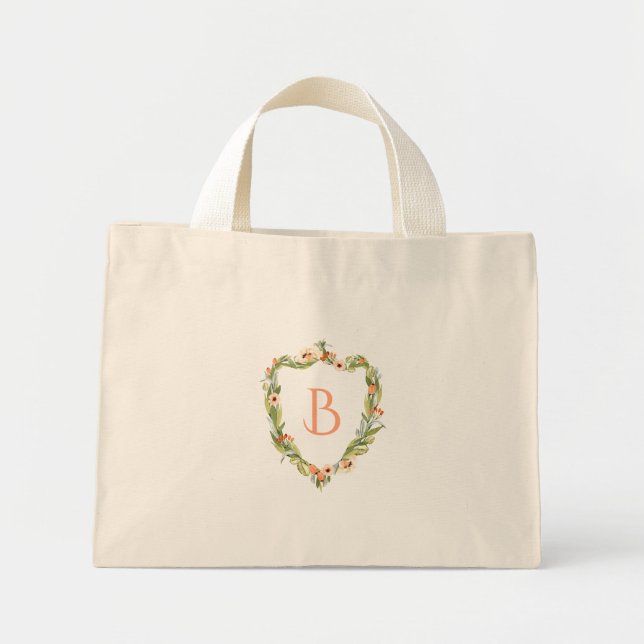 Mini Tote Bag Élégante Peach Floral Crest Monogram Bridesmaid (Devant)