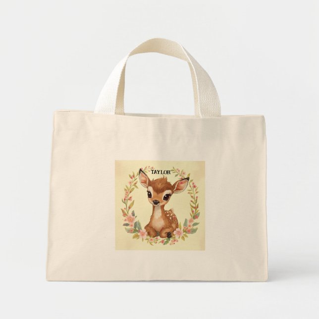 Mini Tote Bag Faon de la forêt douce dans une couronne de fleurs (Devant)
