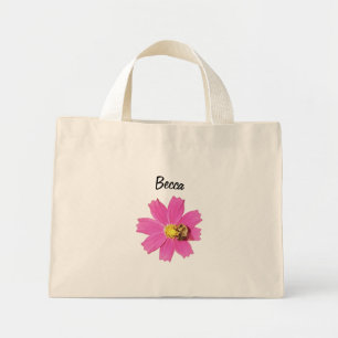 Mini Tote Bag Fleur de cosmos rose vif avec une abeille personna