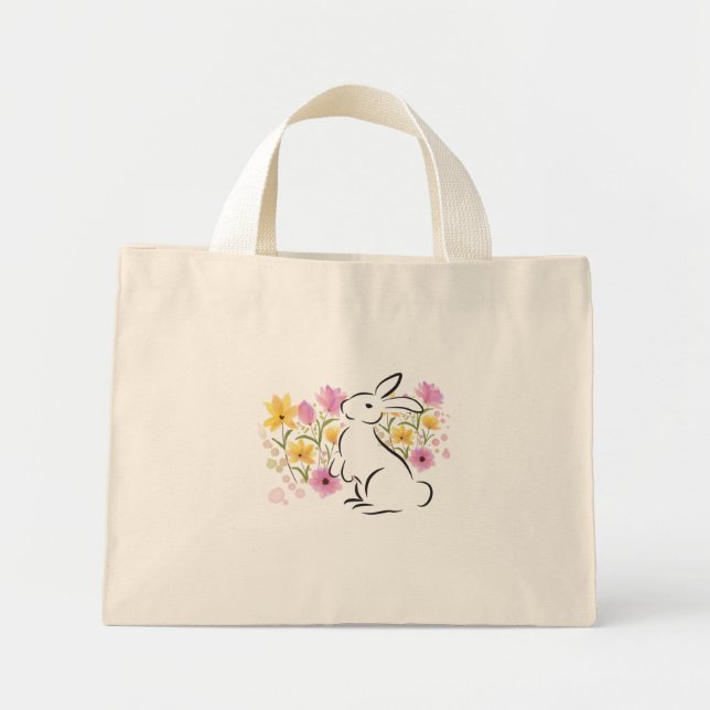 Mini Tote Bag Fleurs d'aquarelle de lapin blanc pourpre Pâques (Devant)