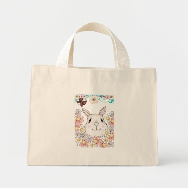 Mini Tote Bag Fleurs et papillons lapins mignons (Devant)
