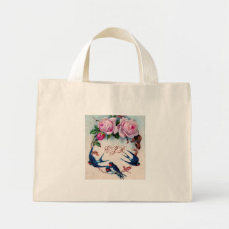 Mini Tote Bag hirondelles vintages et roses sur cyan
