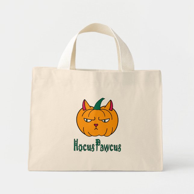 Mini Tote Bag Hocus pawcus Halloween citrouille ginger cat magie (Devant)