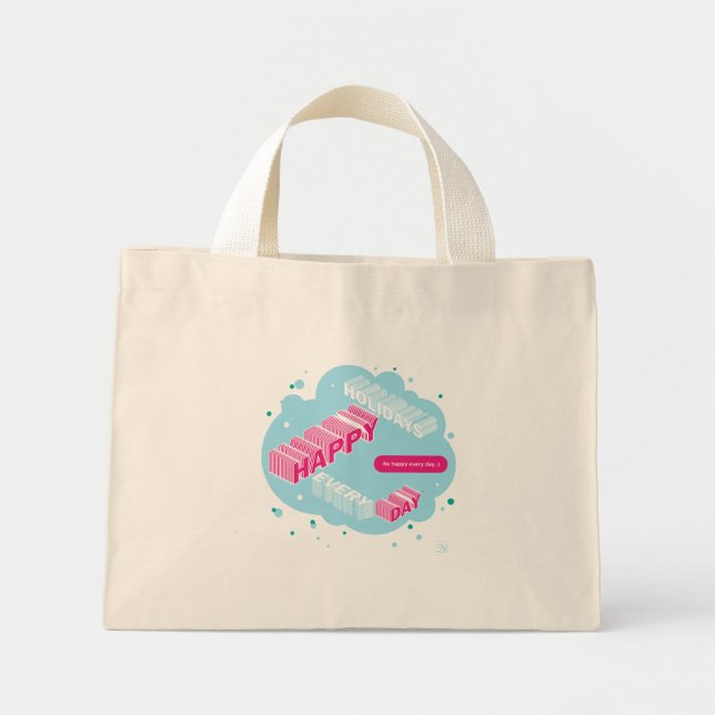 Mini Tote Bag Joyeuses vacances, bleu et rose (Devant)