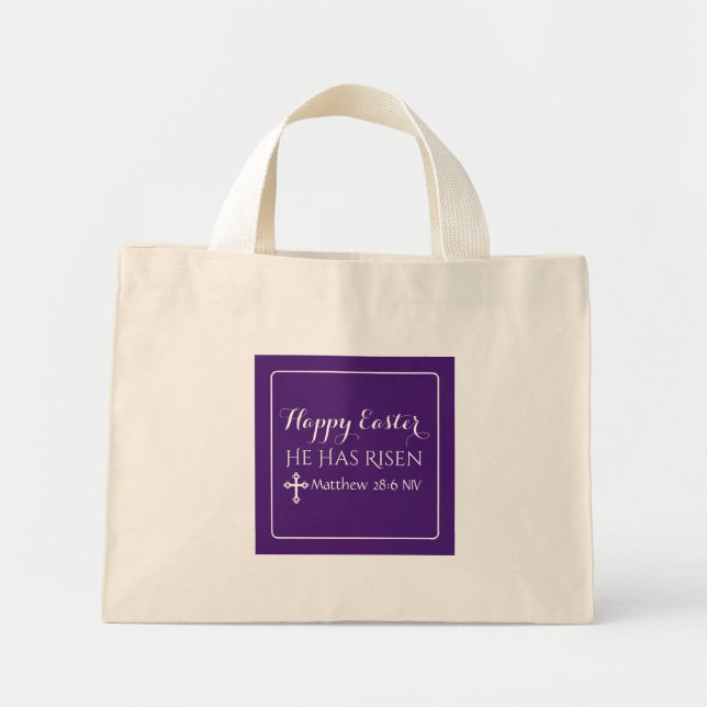 Mini Tote Bag Joyeux Pâques Il A Risqué La Bible Verse Violet fo (Devant)