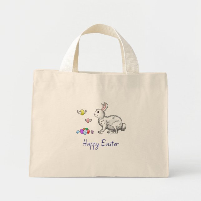 Mini Tote Bag Lapins de Pâques heureux (Devant)