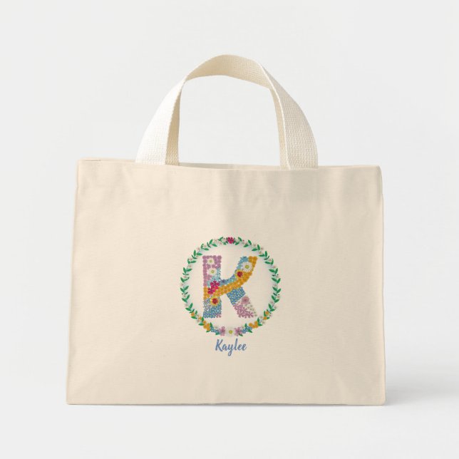 Mini Tote Bag Lettres de fleurs Initiale "K" avec nom personnali (Devant)