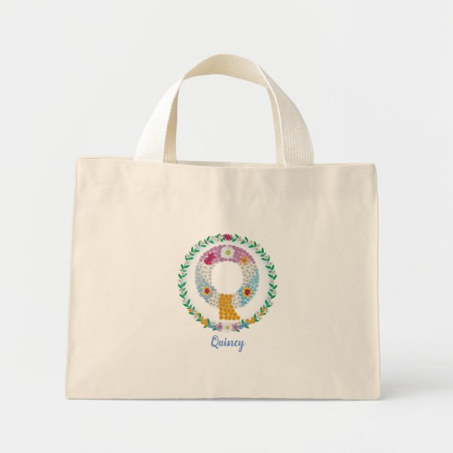 Mini Tote Bag Lettres de fleurs "Q" initiales avec nom personnal (Devant)