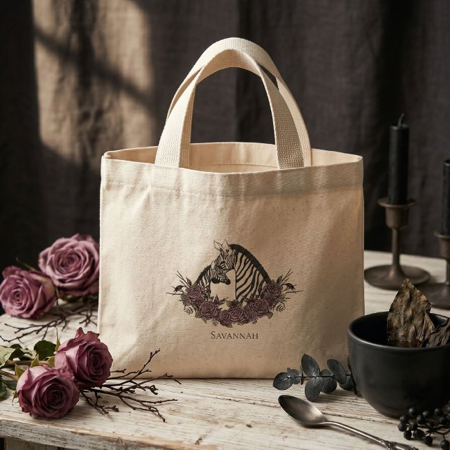 Mini Tote Bag Maman Zèbre Capricieux et Bébé (Moody Zebra Mini Tote with hand-drawn mommy and baby alaternative zebra ink art and mauve roses)