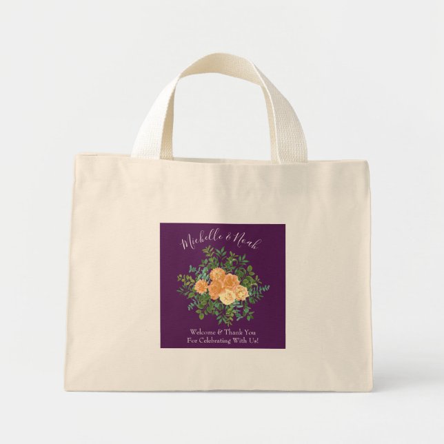Mini Tote Bag Mariage de pêche violet Roses floraux (Devant)