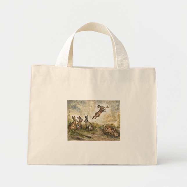 Mini Tote Bag Meadow Matchup Playful Hares in a Meadow  (Devant)