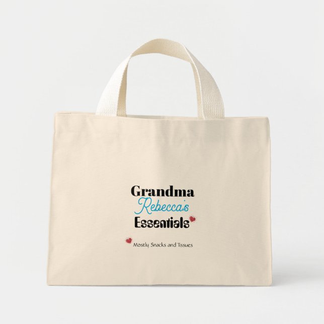 Mini Tote Bag Mémé drôle l'essentiel surtout snacks et mouchoir (Devant)