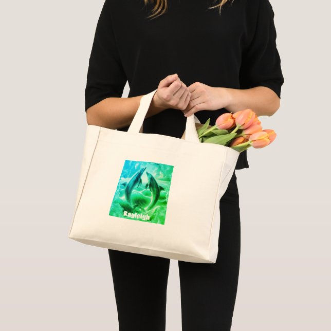 Mini Tote Bag Monogramme Bleu & Vert Dolphins Océan | (Devant (produit))