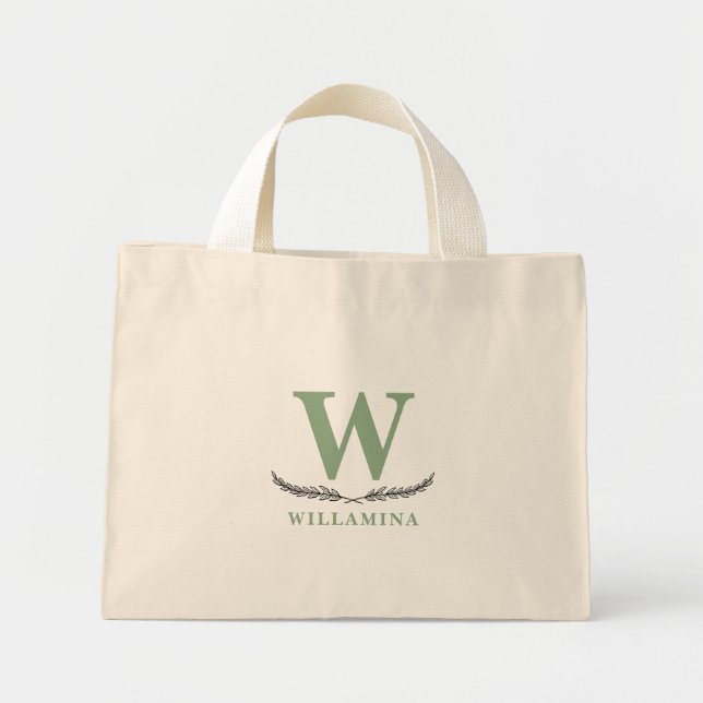 Mini Tote Bag Monogramme botanique personnalisé Vert initial (Devant)
