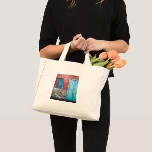 Mini Tote Bag Mur, porte et fenêtre rouge, bleu et gris