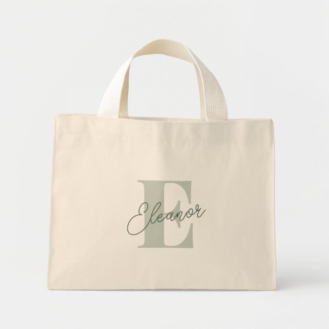 Mini Tote Bag Nom personnalisé Monogramme Vert Sauge Script (Devant)