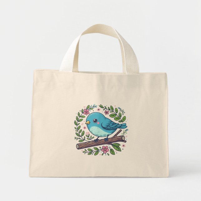 Mini Tote Bag Oiseau bleu mignon perché sur une branche florissa (Devant)
