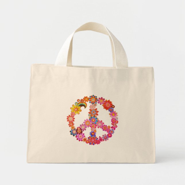 Mini Tote Bag Panneau de Paix aux Fleurs Minuscules Orange (Devant)