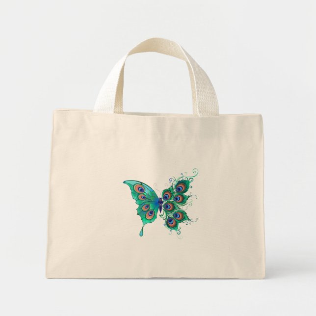 Mini Tote Bag Papillon aux plumes de paon vert (Devant)