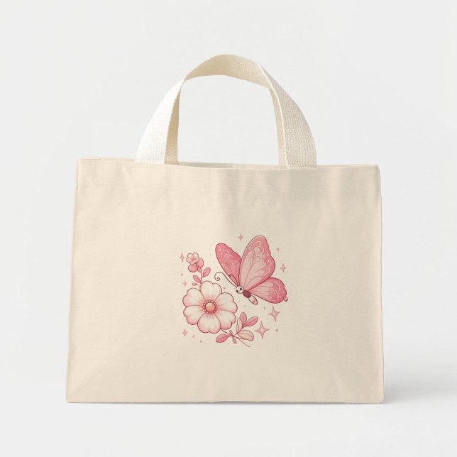 Mini Tote Bag Papillon rose et fleurs (Devant)