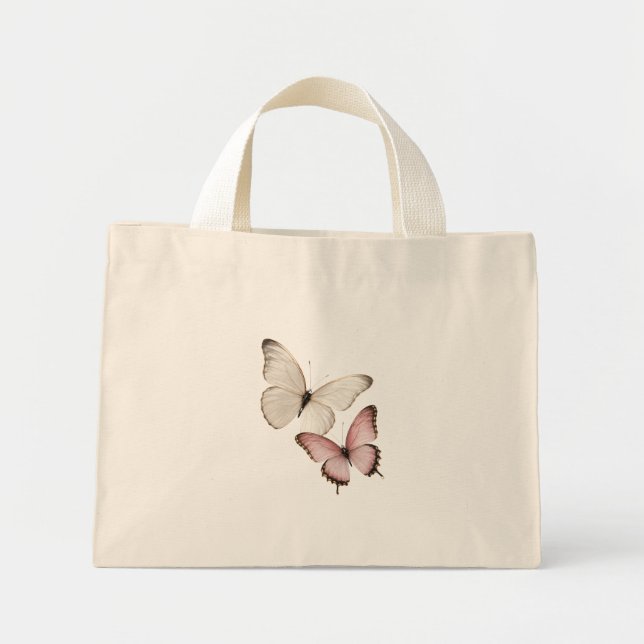 Mini Tote Bag Papillons élégants blancs et roses (Devant)